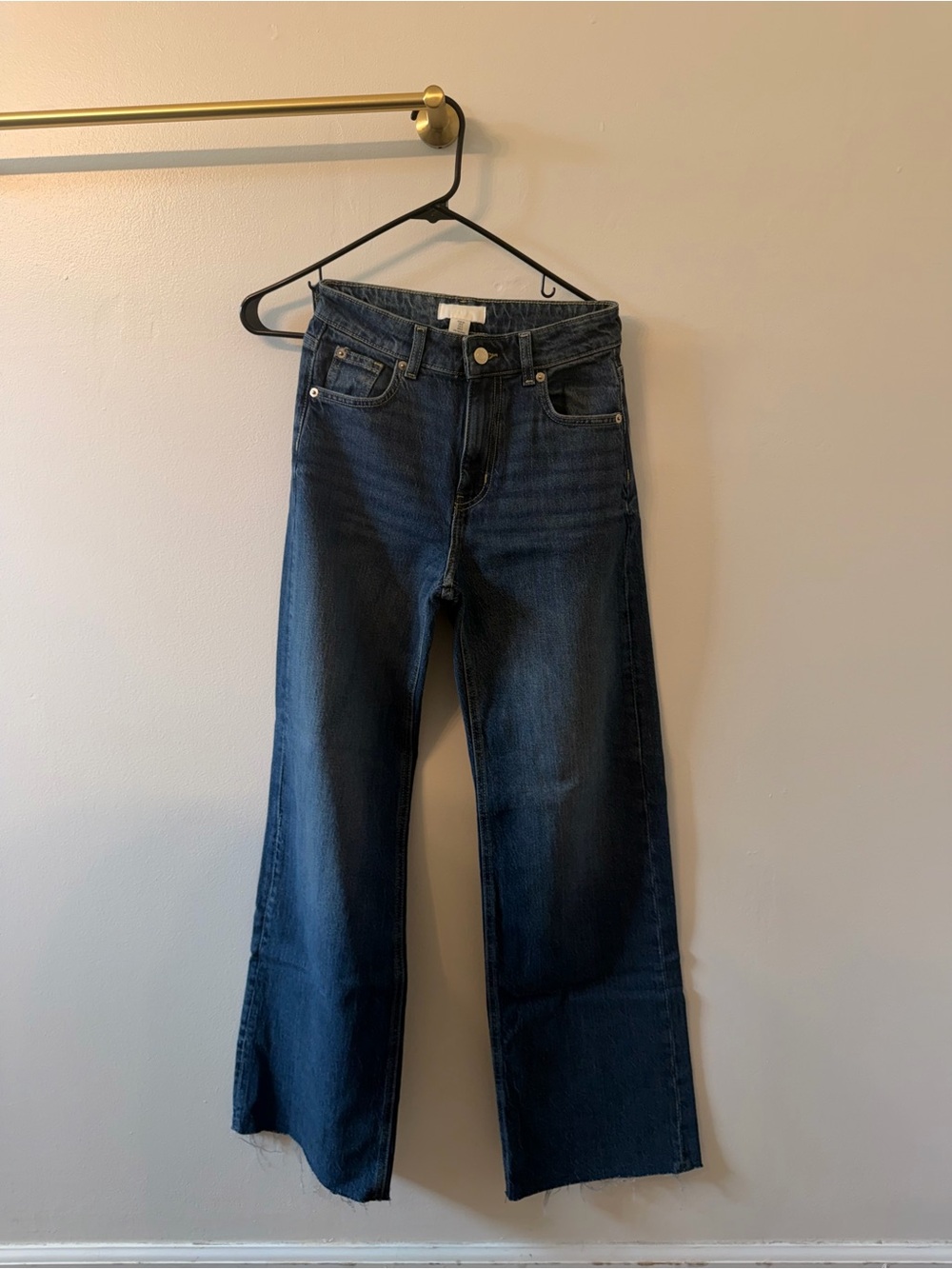 Women's Dark Blue Wide Leg Jeans with Frayed Hem